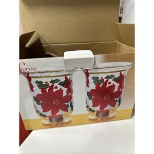 Holiday Spirit Mouth Blown Hand Painted & Etched Poinsettia Tealite‎ Holders NIB